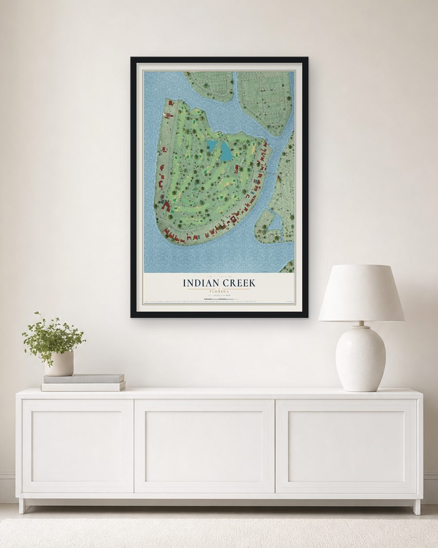 The Indian Creek, Florida map, 24 x 36 in, in a black wood frame on a living room wall