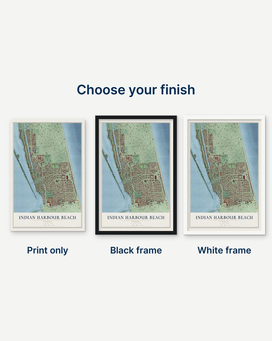 The Indian Harbour Beach, Florida map as a print only, in a black frame and in a white frame