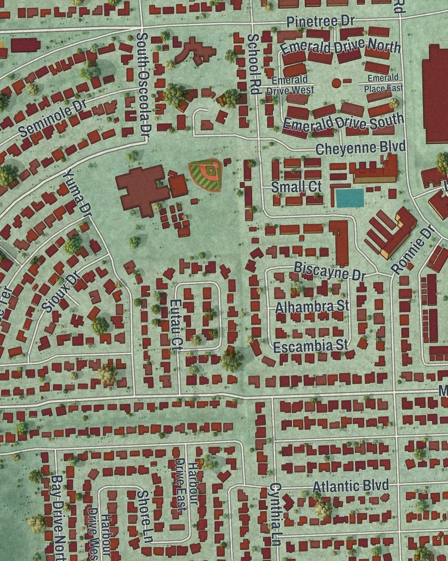 Close-up of Indian Harbour Beach streets on the map