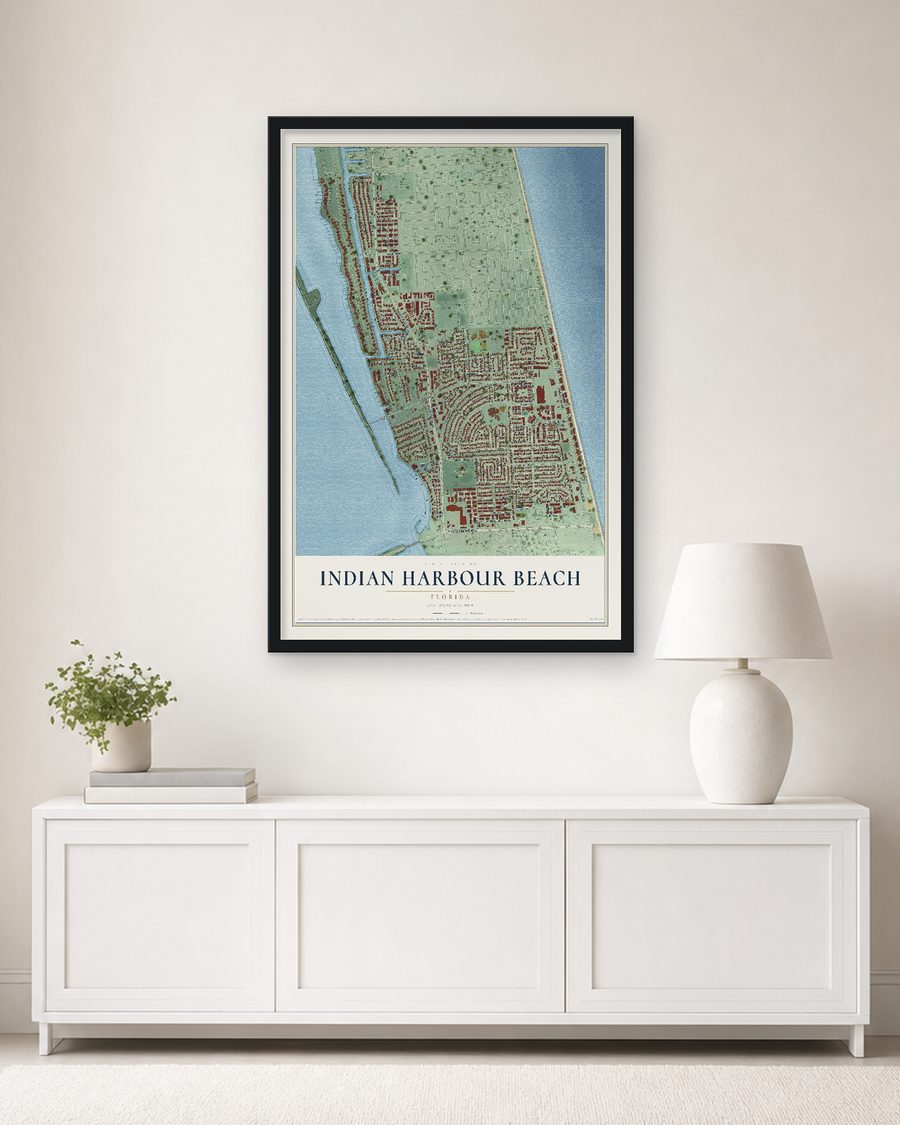 The Indian Harbour Beach, Florida map, 24 x 36 in, in a black wood frame on a living room wall