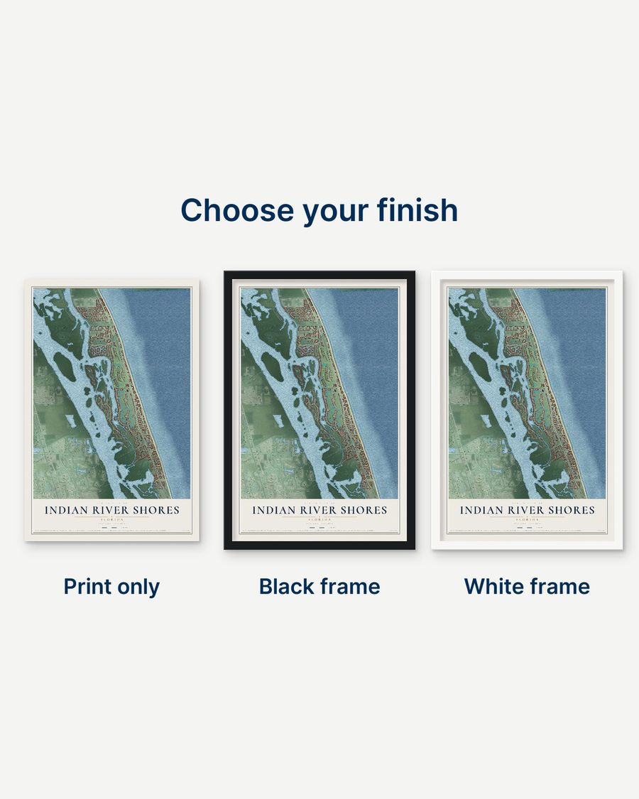 The Indian River Shores, Florida map as a print only, in a black frame and in a white frame