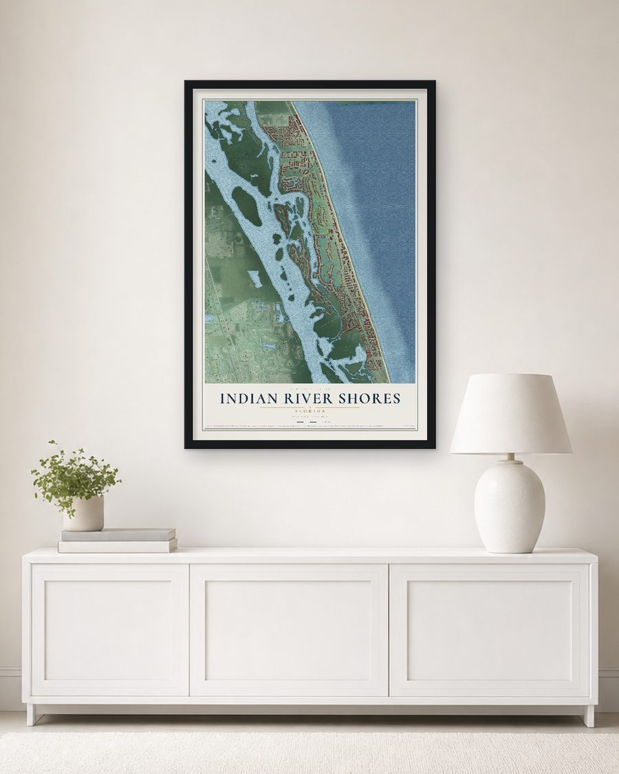 The Indian River Shores, Florida map, 24 x 36 in, in a black wood frame on a living room wall