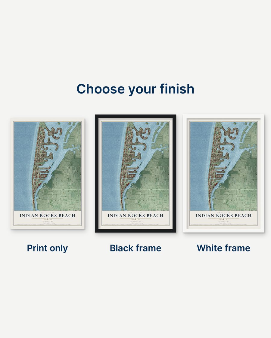 The Indian Rocks Beach, Florida map as a print only, in a black frame and in a white frame