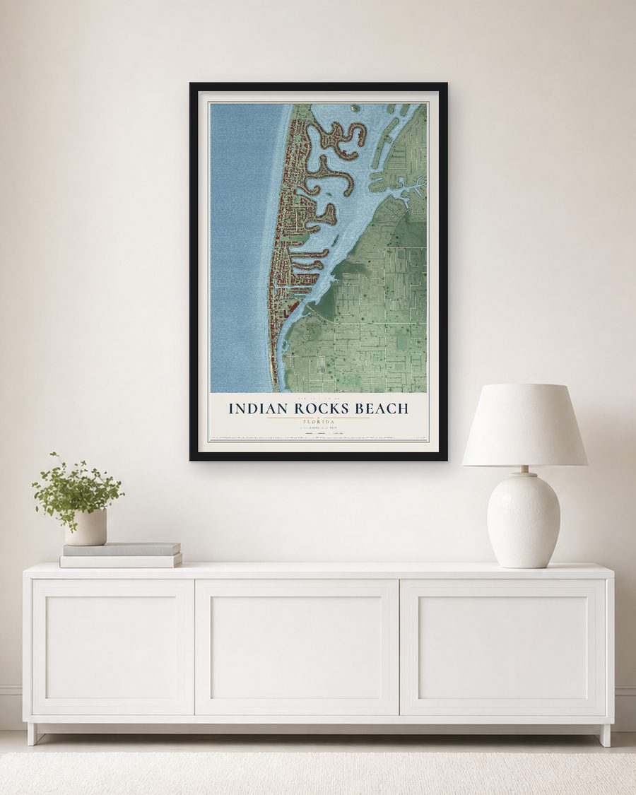 The Indian Rocks Beach, Florida map, 24 x 36 in, in a black wood frame on a living room wall