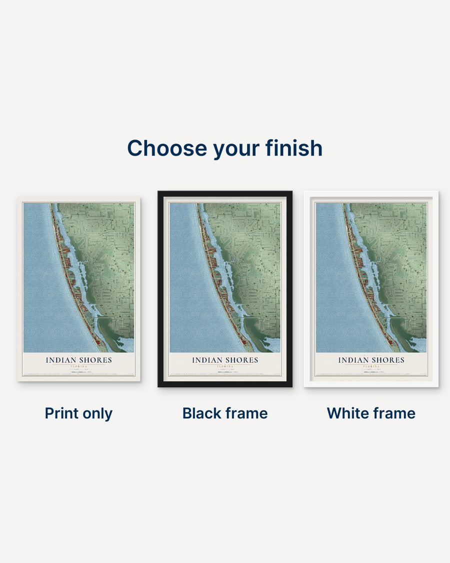 The Indian Shores, Florida map as a print only, in a black frame and in a white frame