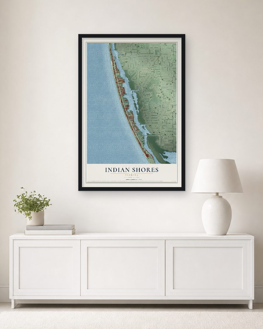 The Indian Shores, Florida map, 24 x 36 in, in a black wood frame on a living room wall
