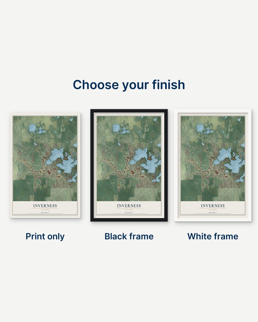 The Inverness, Florida map as a print only, in a black frame and in a white frame