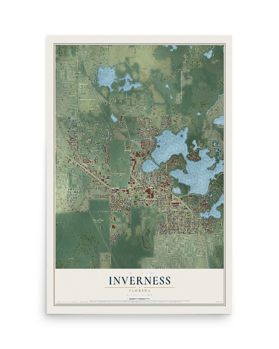 Inverness, Florida map print, 12 x 18 in, print only