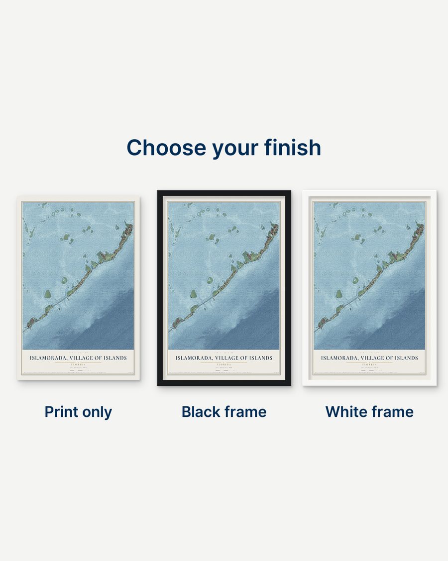 The Islamorada, Village of Islands, Florida map as a print only, in a black frame and in a white frame