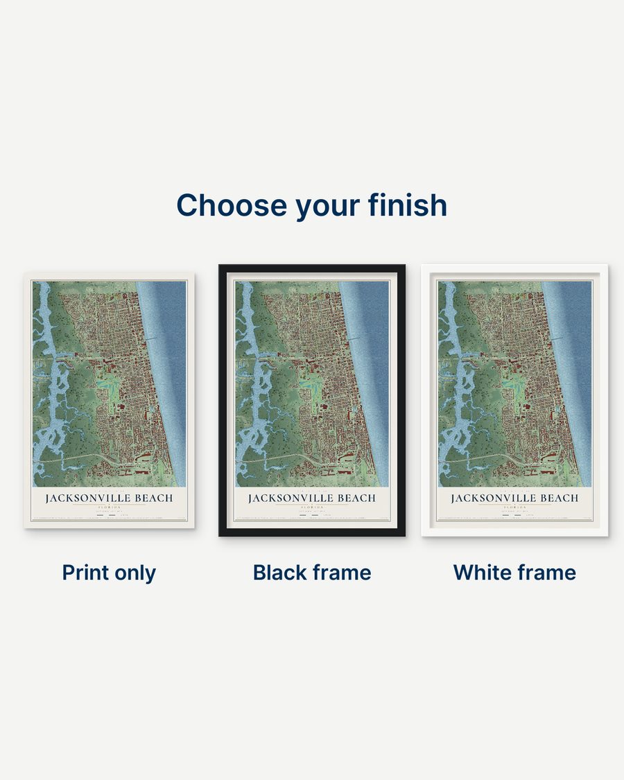 The Jacksonville Beach, Florida map as a print only, in a black frame and in a white frame