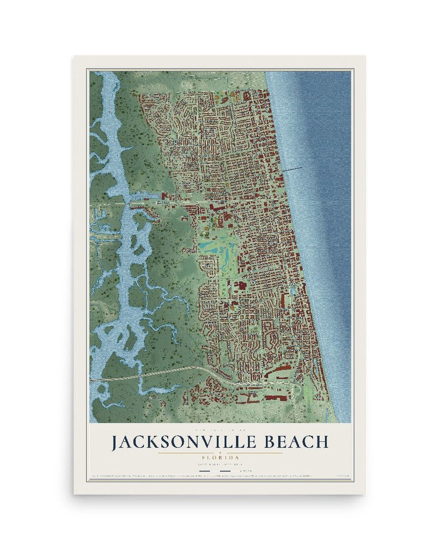 Jacksonville Beach, Florida map print, 12 x 18 in, print only