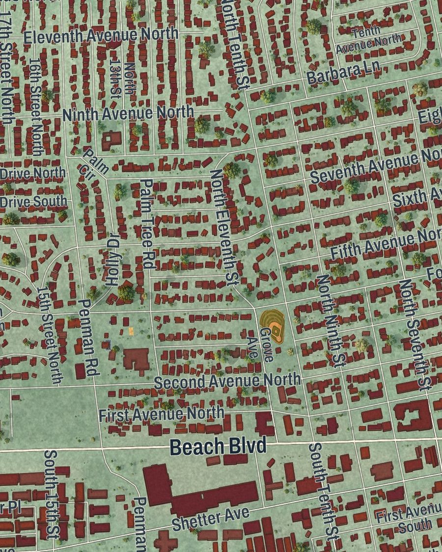 Close-up of Jacksonville Beach streets on the map