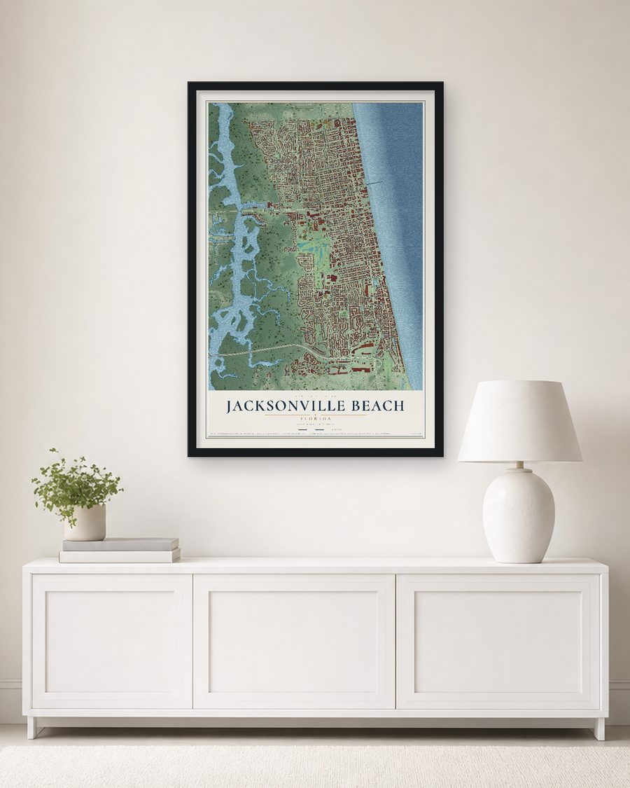 The Jacksonville Beach, Florida map, 24 x 36 in, in a black wood frame on a living room wall