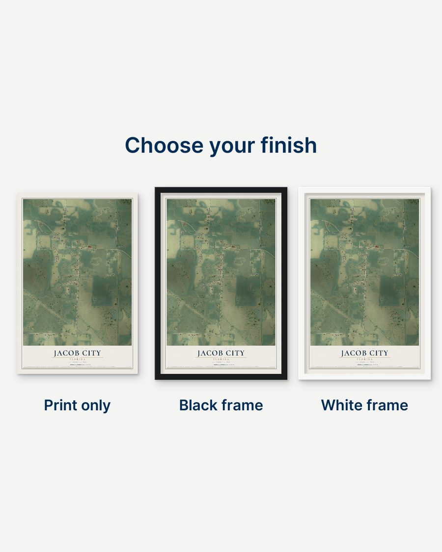 The Jacob City, Florida map as a print only, in a black frame and in a white frame