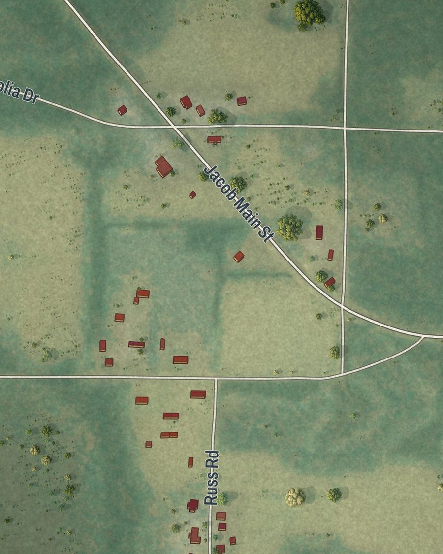 Close-up of Jacob City streets on the map