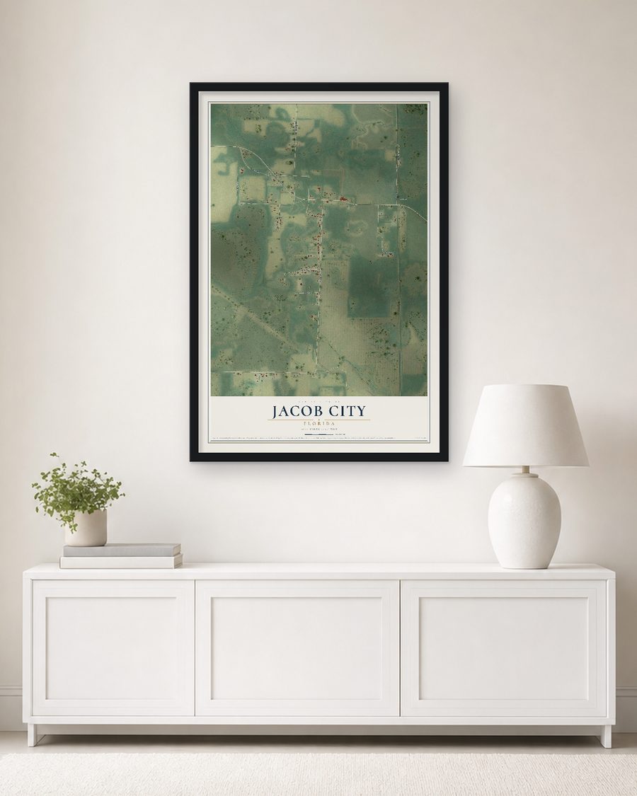 The Jacob City, Florida map, 24 x 36 in, in a black wood frame on a living room wall
