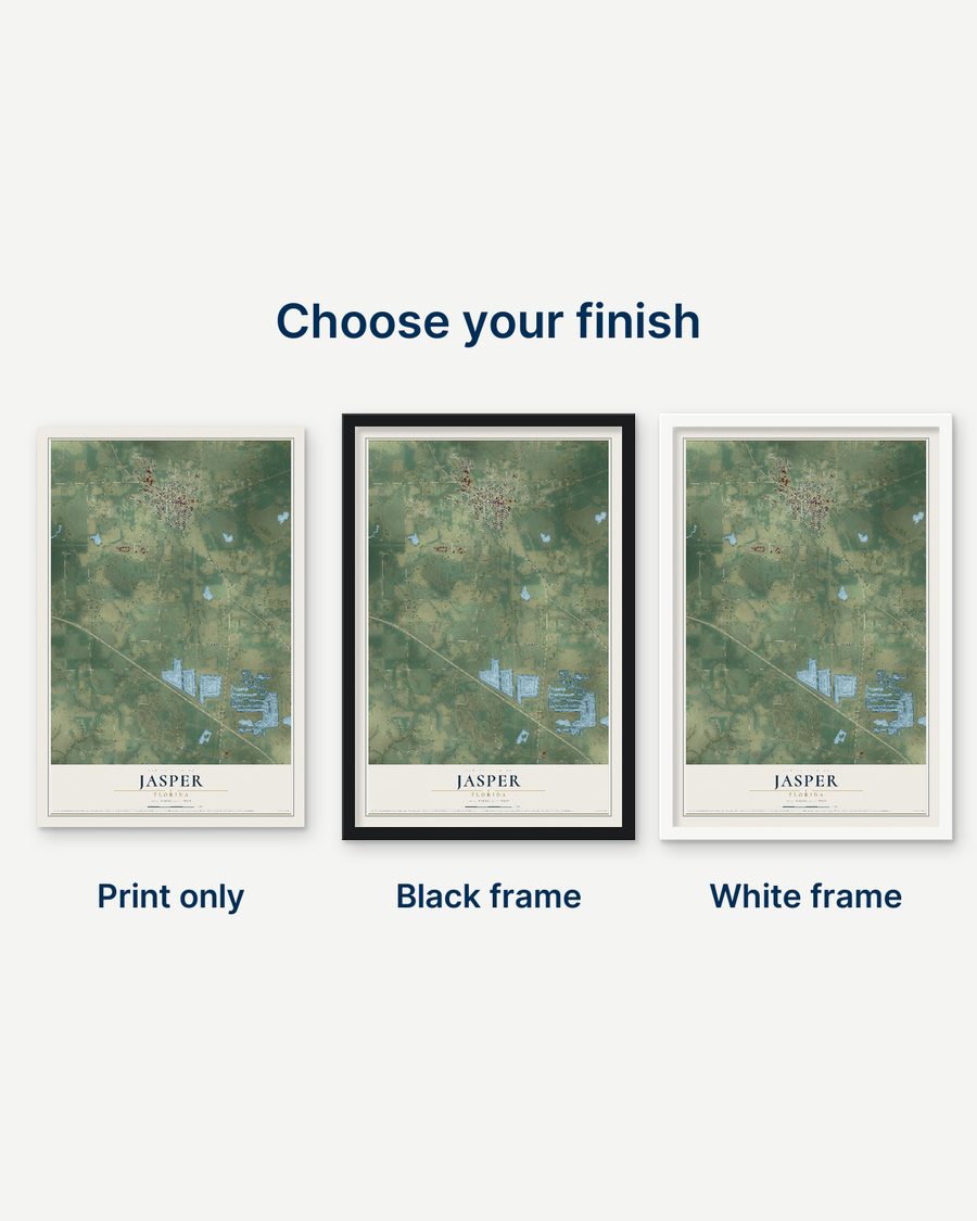 The Jasper, Florida map as a print only, in a black frame and in a white frame