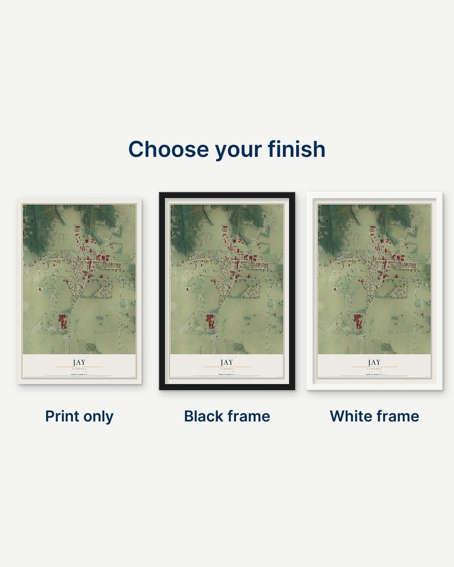 The Jay, Florida map as a print only, in a black frame and in a white frame