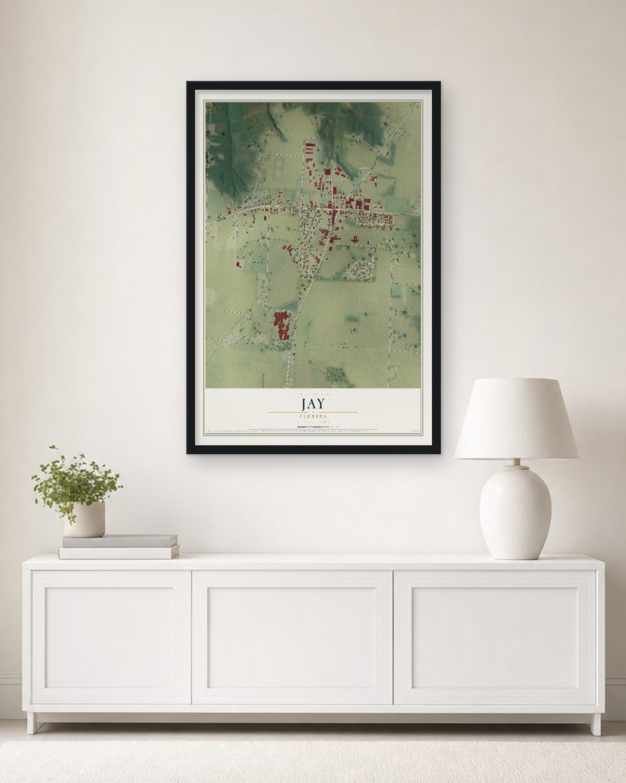 The Jay, Florida map, 24 x 36 in, in a black wood frame on a living room wall