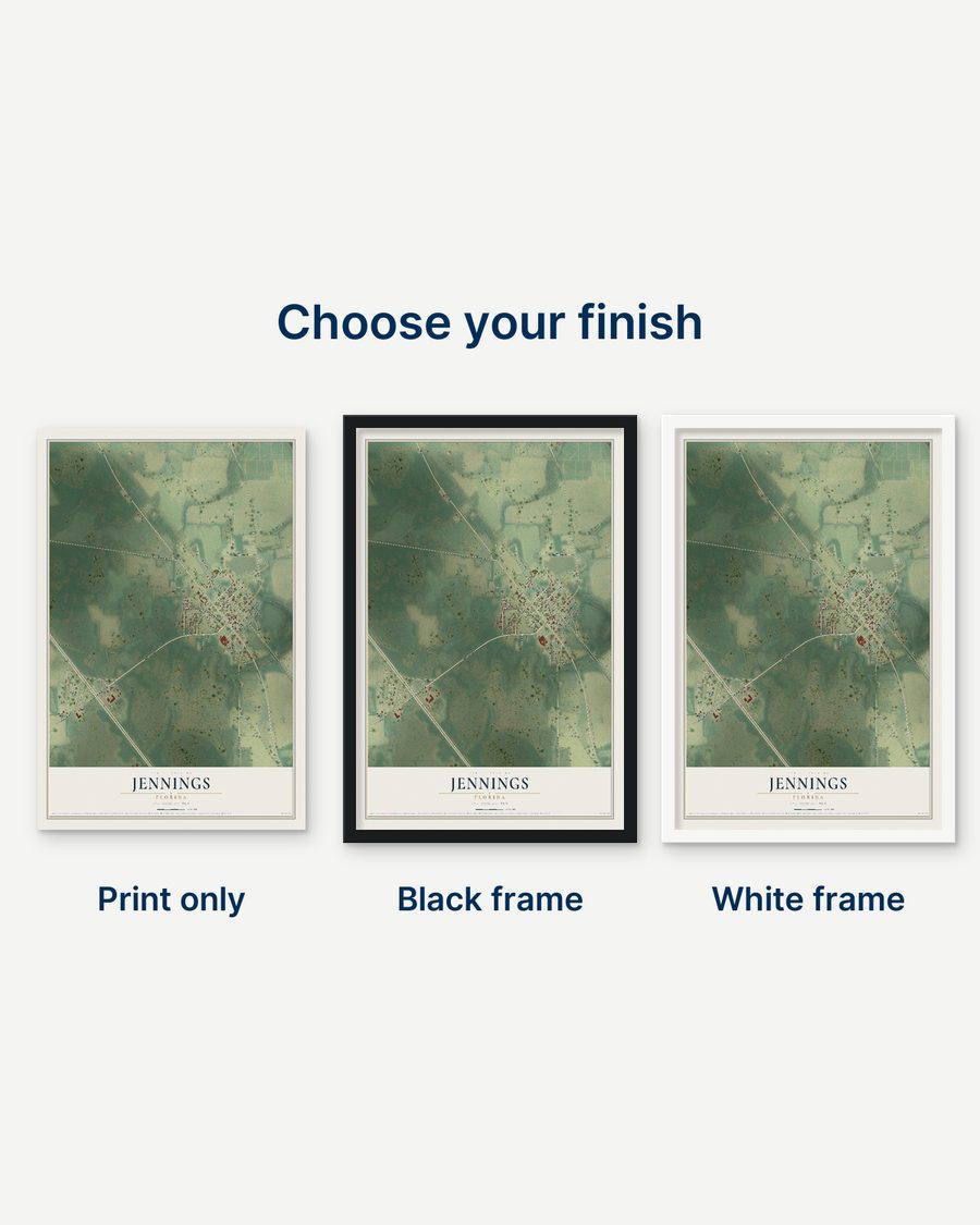 The Jennings, Florida map as a print only, in a black frame and in a white frame
