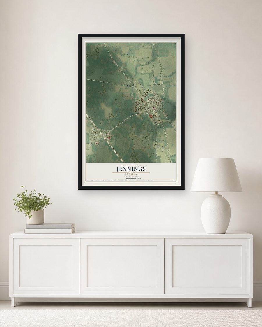 The Jennings, Florida map, 24 x 36 in, in a black wood frame on a living room wall