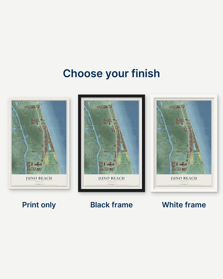 The Juno Beach, Florida map as a print only, in a black frame and in a white frame