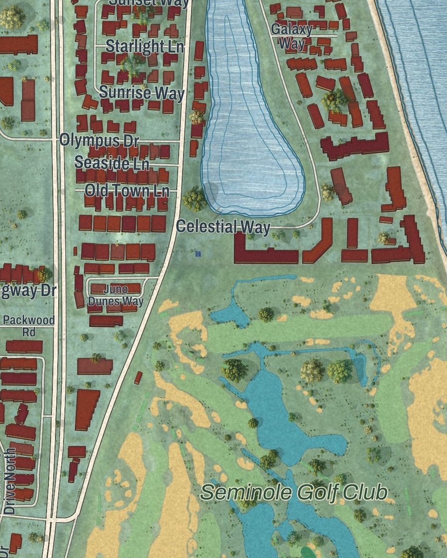 Close-up of Juno Beach streets on the map