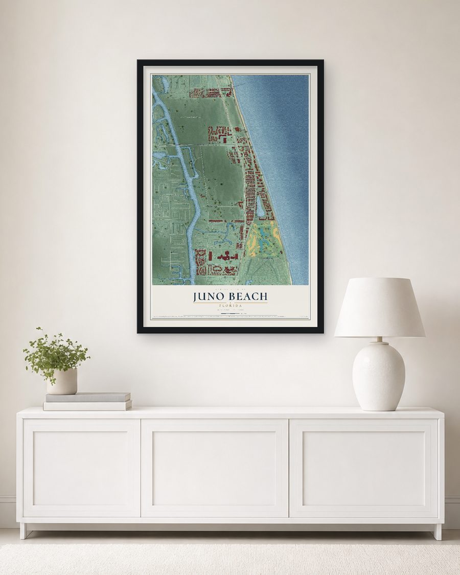 The Juno Beach, Florida map, 24 x 36 in, in a black wood frame on a living room wall
