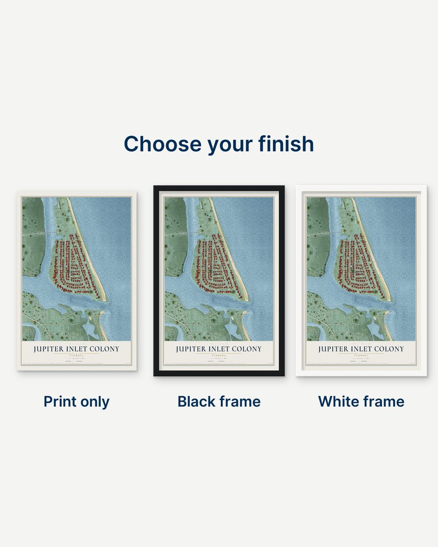 The Jupiter Inlet Colony, Florida map as a print only, in a black frame and in a white frame