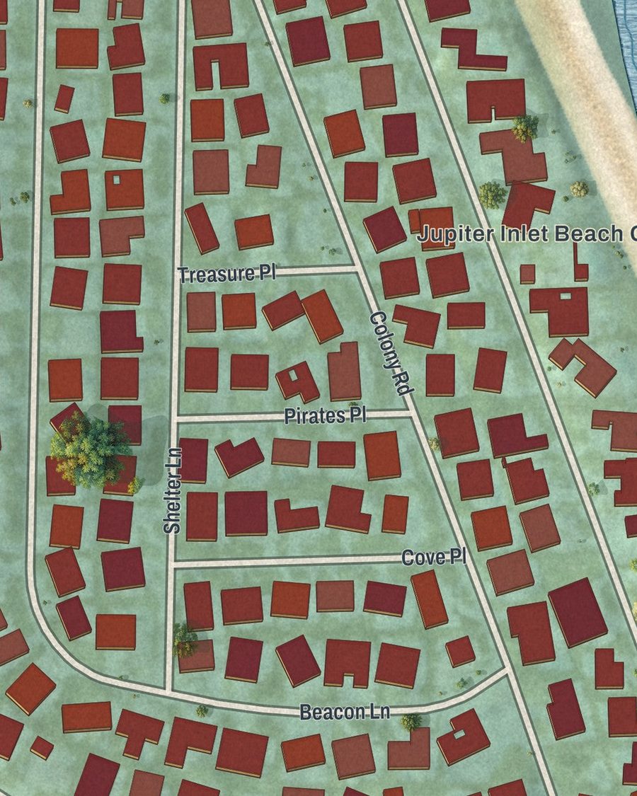 Close-up of Jupiter Inlet Colony streets on the map