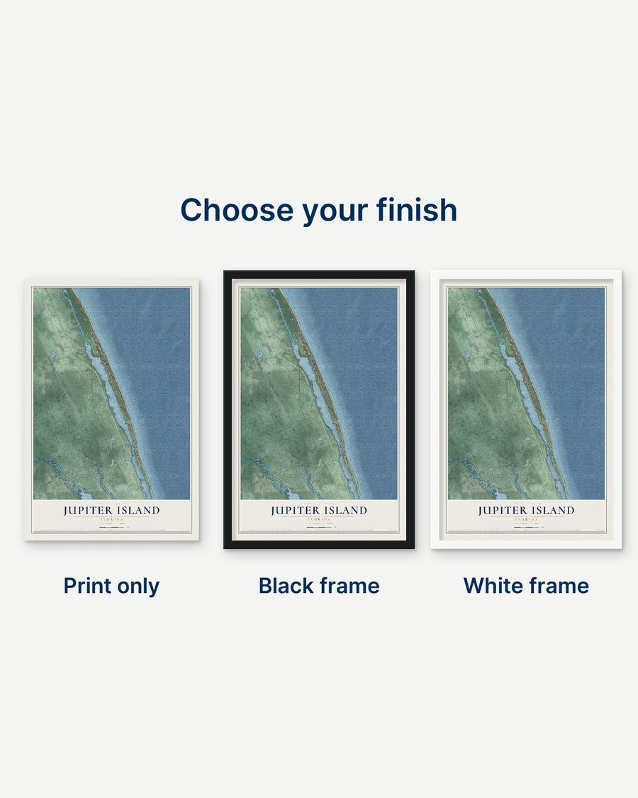 The Jupiter Island, Florida map as a print only, in a black frame and in a white frame