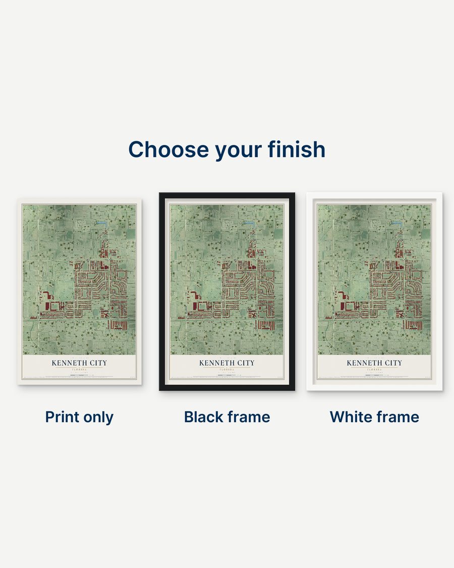 The Kenneth City, Florida map as a print only, in a black frame and in a white frame