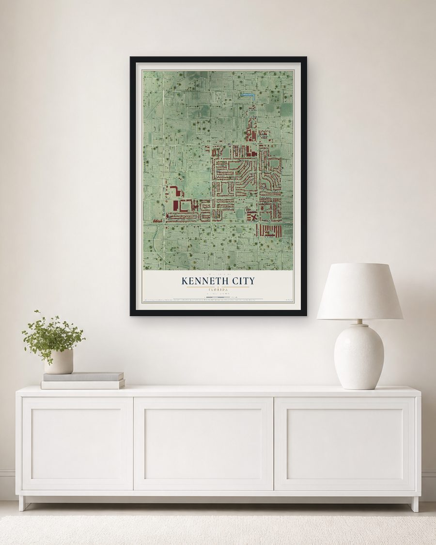 The Kenneth City, Florida map, 24 x 36 in, in a black wood frame on a living room wall