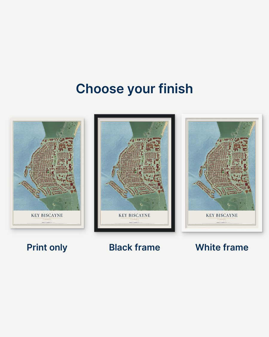 The Key Biscayne, Florida map as a print only, in a black frame and in a white frame