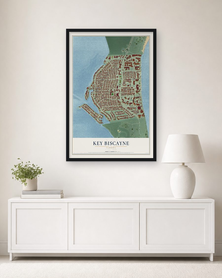 The Key Biscayne, Florida map, 24 x 36 in, in a black wood frame on a living room wall