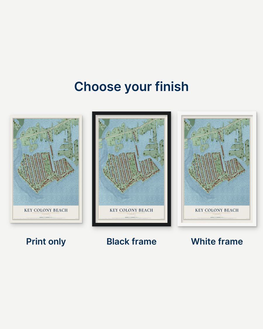 The Key Colony Beach, Florida map as a print only, in a black frame and in a white frame