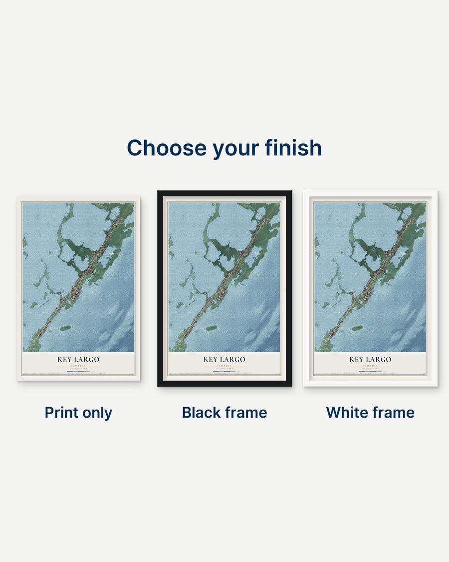 The Key Largo, Florida map as a print only, in a black frame and in a white frame