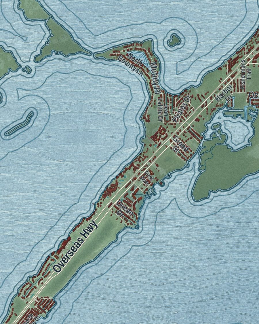 Close-up of Key Largo streets on the map