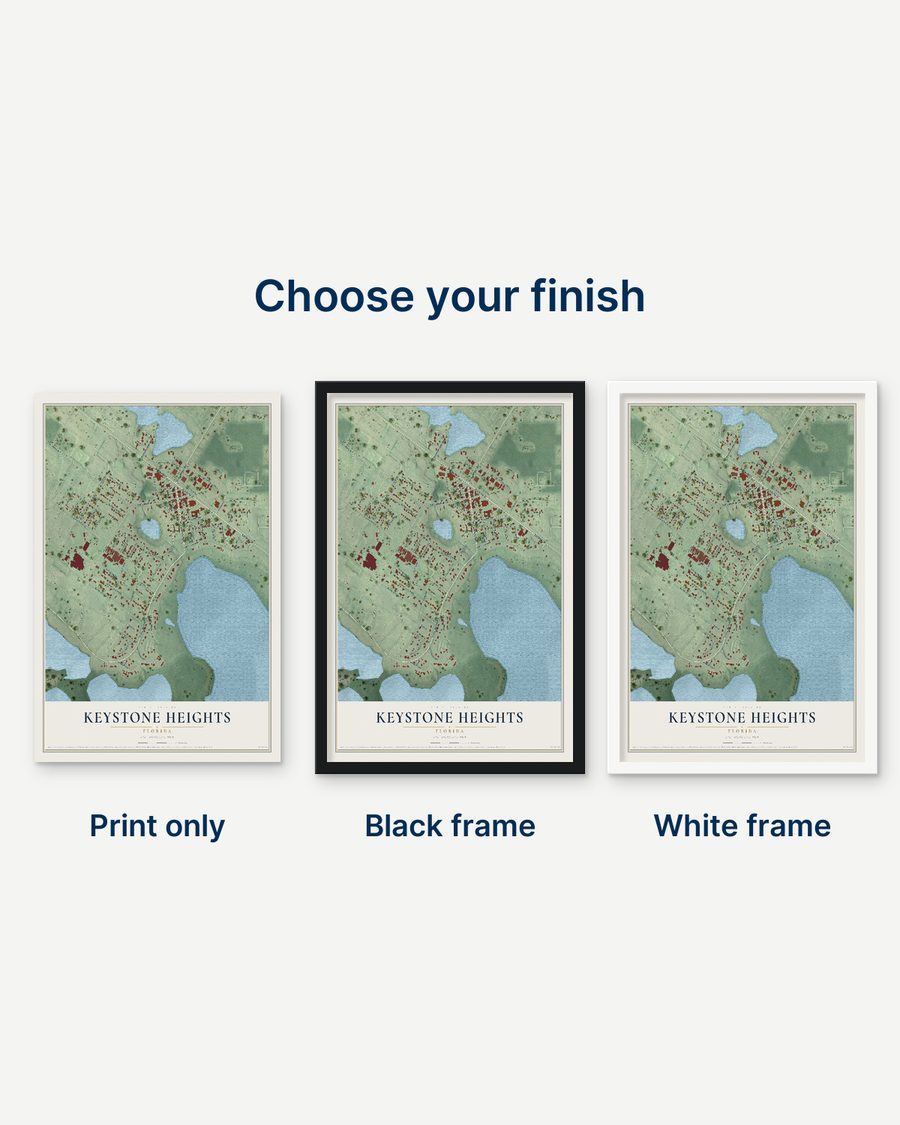 The Keystone Heights, Florida map as a print only, in a black frame and in a white frame
