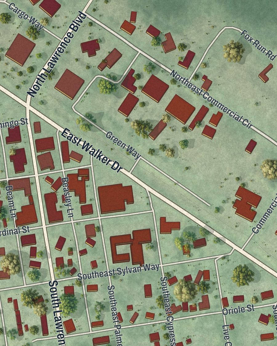 Close-up of Keystone Heights streets on the map