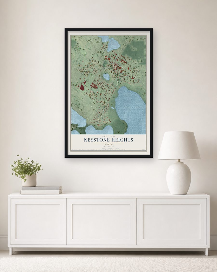 The Keystone Heights, Florida map, 24 x 36 in, in a black wood frame on a living room wall