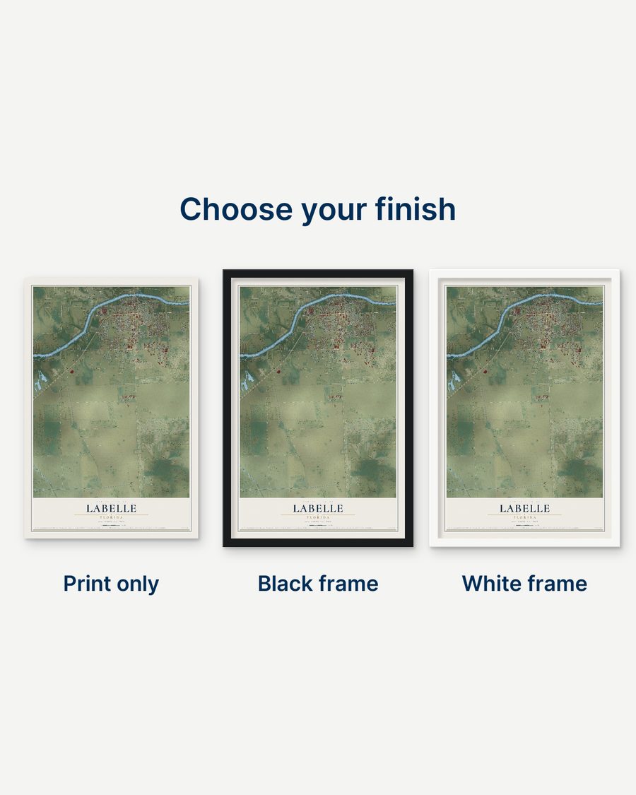 The LaBelle, Florida map as a print only, in a black frame and in a white frame
