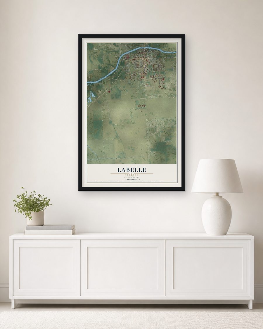 The LaBelle, Florida map, 24 x 36 in, in a black wood frame on a living room wall