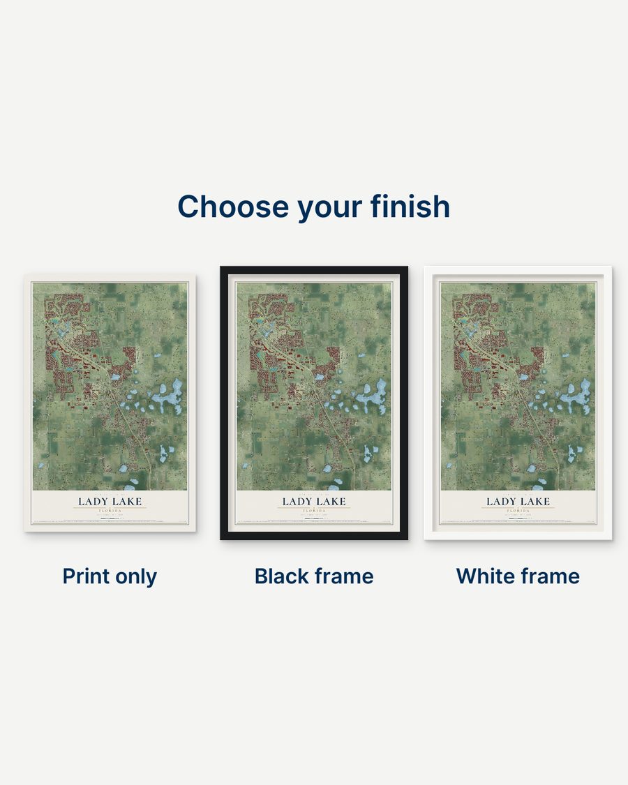 The Lady Lake, Florida map as a print only, in a black frame and in a white frame