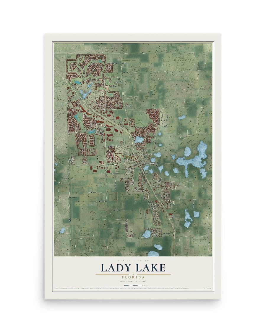 Lady Lake, Florida map print, 12 x 18 in, print only