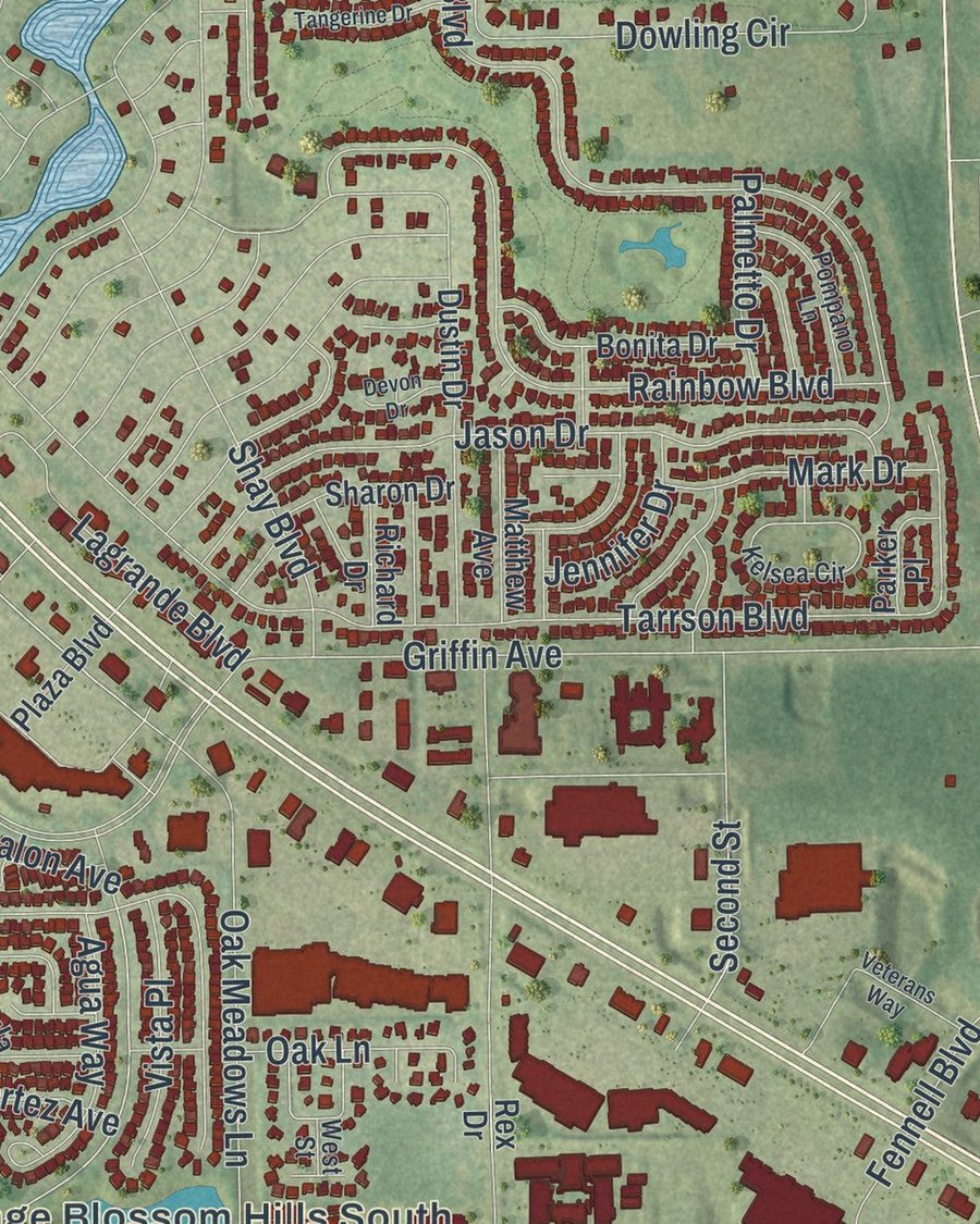 Close-up of Lady Lake streets on the map
