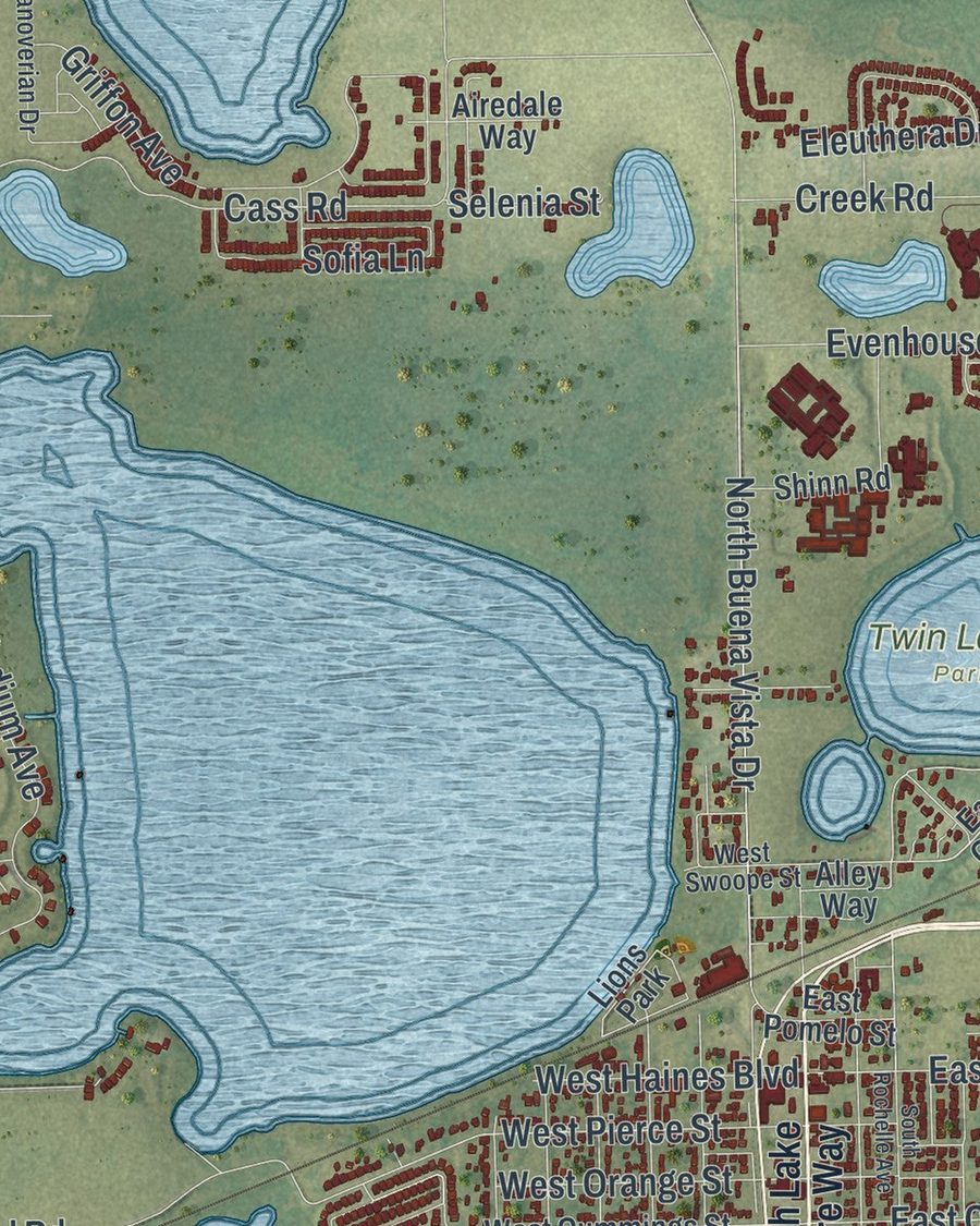 Close-up of Lake Alfred streets on the map