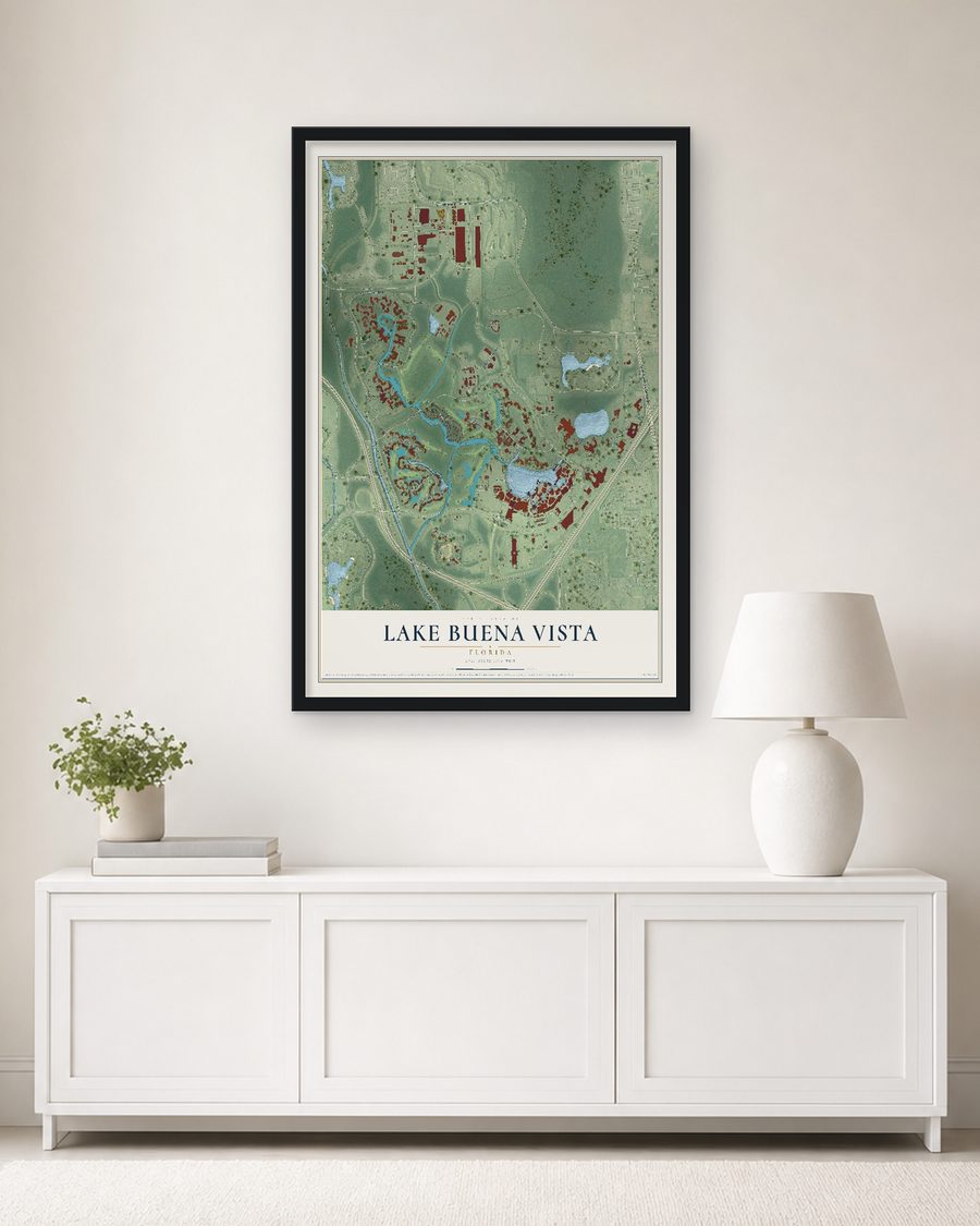 The Lake Buena Vista, Florida map, 24 x 36 in, in a black wood frame on a living room wall