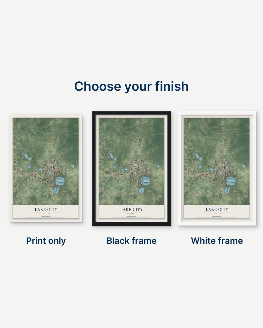 The Lake City, Florida map as a print only, in a black frame and in a white frame
