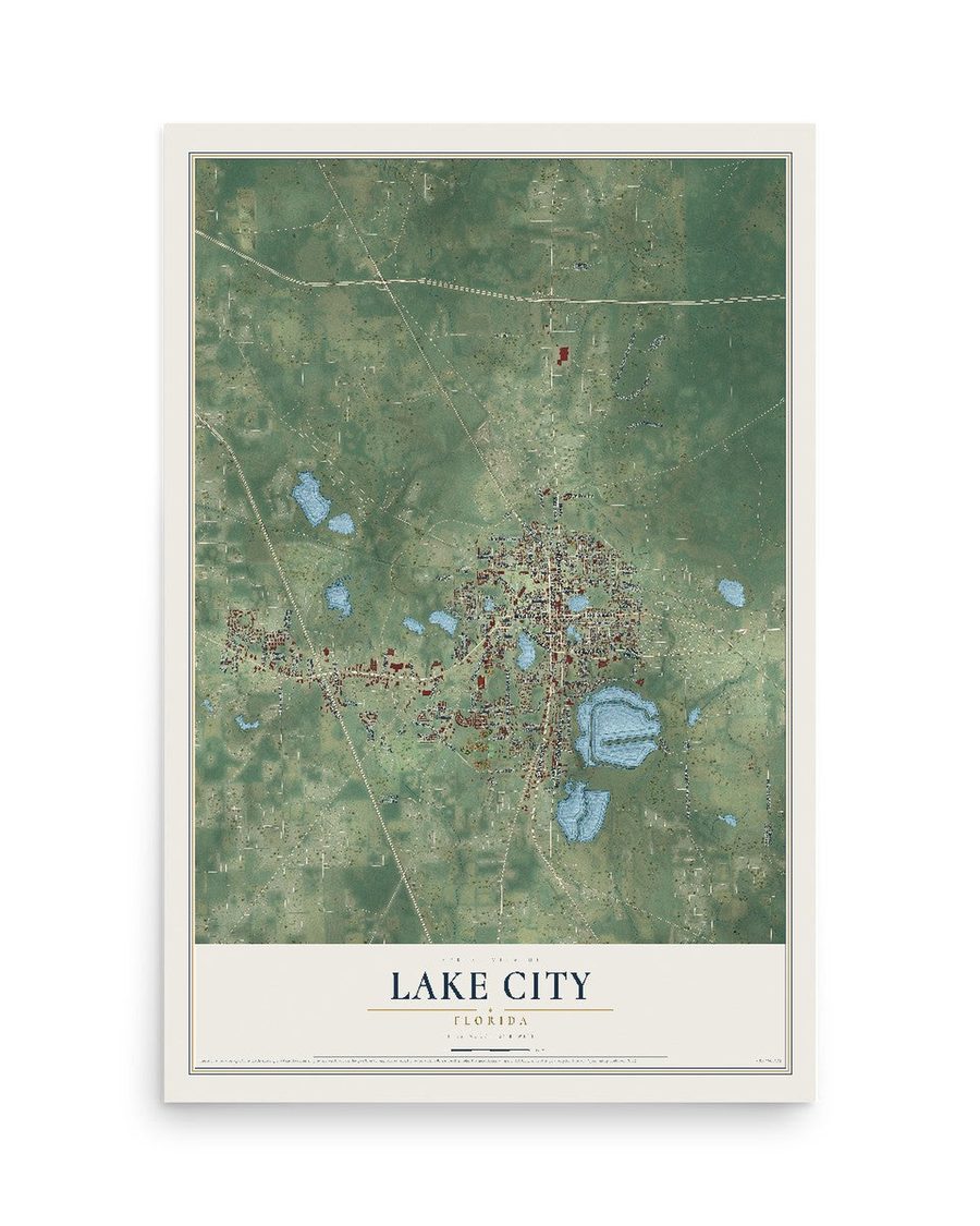 Lake City, Florida map print, 12 x 18 in, print only